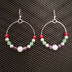 Glass, aventurine and amethyst silver hoop earrings